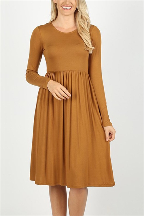 S12-2-3-VD-7010-CF-1 - VISCOSE LONG SLEEVE ROUND NECK DRESS- COFFEE 0-1-4-0