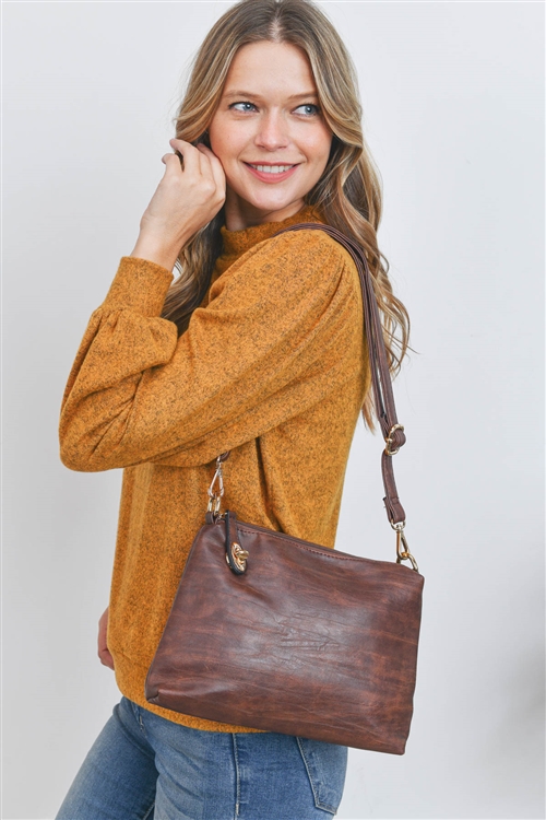 S22-5-2-VE0005-BROWN -  2 in 1 LEATHER TEXTURED  FASHION TOTE BAG, CROSS BODY BAG/1PC