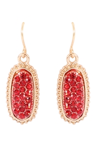 S1-5-4-VE1443GDRDRD - GOLD RED OVAL TEXTURE PAVE RHINESTONE CLASSIC EARRINGS/1PAIR