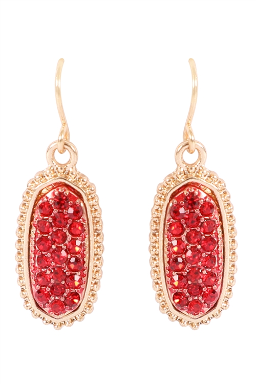 S1-5-4-VE1443GDRDRD - GOLD RED OVAL TEXTURE PAVE RHINESTONE CLASSIC EARRINGS/1PAIR