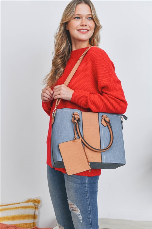 S21-2-2-VE2106-DENIM - 2PCS SET TWO TONE STRIPE FASHION CROSS BODY BAG WITH POUCH/1PC