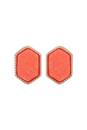 S17-10-2-VE2334GDCO - GOLD CORAL DRUZY HEXAGON POST EARRINGS/1PC