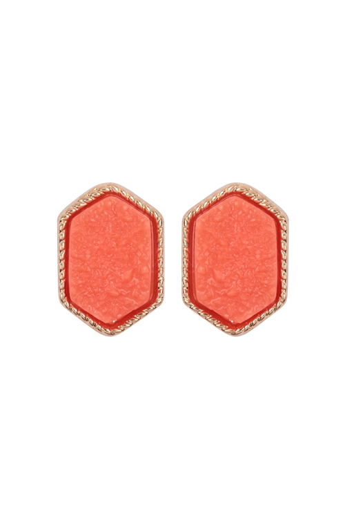 S17-10-2-VE2334GDCO - GOLD CORAL DRUZY HEXAGON POST EARRINGS/1PC