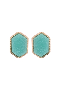 S17-10-2-VE2334GDDAQ - GOLD DARK AQUA DRUZY HEXAGON POST EARRINGS/1PC