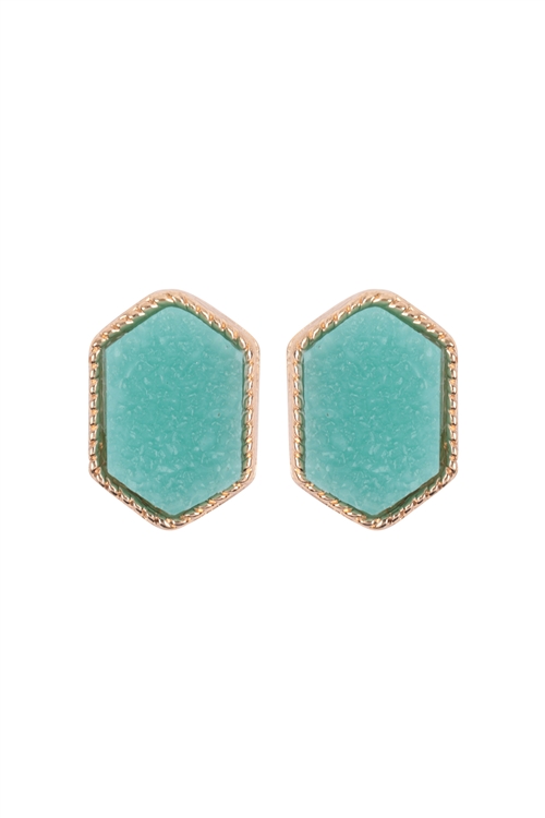 S17-10-2-VE2334GDDAQ - GOLD DARK AQUA DRUZY HEXAGON POST EARRINGS/1PC