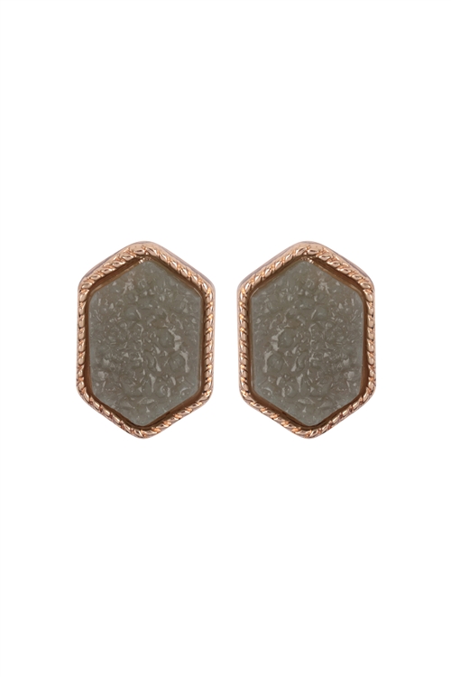 S17-10-2-VE2334GDDGY - GOLD DARK GRAY DRUZY HEXAGON POST EARRINGS/1PC