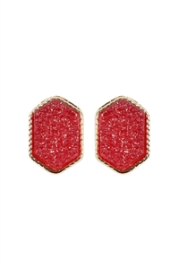 S17-10-2-VE2334GDDRD - GOLD DARK RED DRUZY HEXAGON POST EARRINGS/1PC