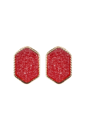 S17-10-2-VE2334GDDRD - GOLD DARK RED DRUZY HEXAGON POST EARRINGS/1PC