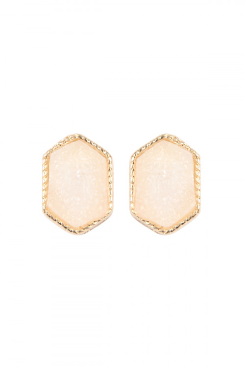 S21-4-4-VE2334GDWT GOLD WHITE DRUZY HEXAGON POST EARRINGS/1PC