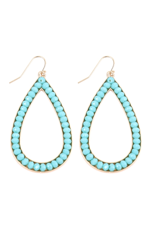 237-G-VE2616WGAQ - TEAR DROP WITH GLASS BEADS HOOK DROP EARRINGS - MATTE GOLD AQUA/1PC