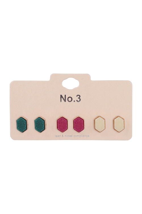 S1-2-3-VE2660MT10-3 PAIR HEXAGON STUD EARRINGS-MULTICOLOR 10/1PC