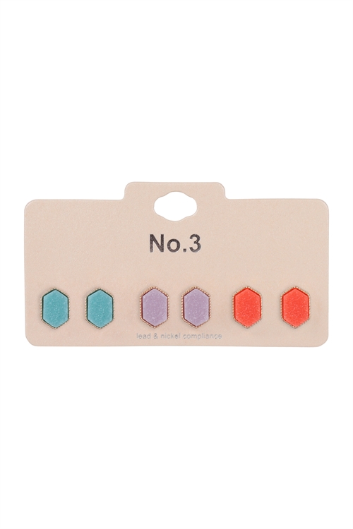 S1-2-3-VE2660MT12-3 PAIR HEXAGON STUD EARRINGS-MULTICOLOR 12/1PC