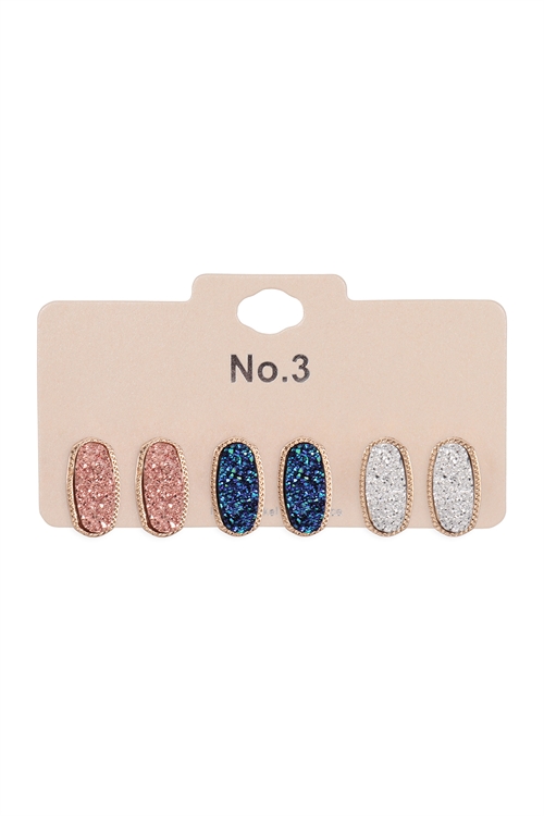 A1-2-5-VE2720MT1 - 3 PAIR OVAL STONE STUD EARRINGS-MULTICOLOR 1/6PCS