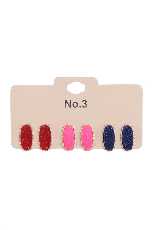 A1-2-5-VE2720MT3 - 3 PAIR OVAL STONE STUD EARRINGS-MULTICOLOR 3/6PCS