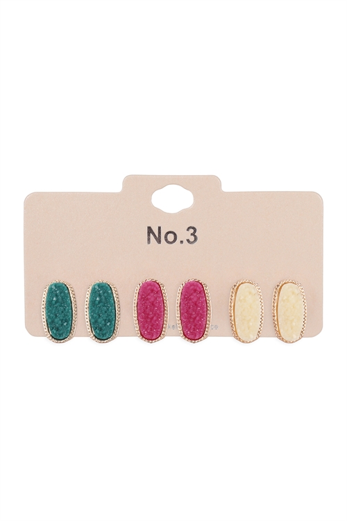 A1-2-5-VE2720MT4 -3 PAIR OVAL STONE STUD EARRINGS-MULTICOLOR 4/6PCS