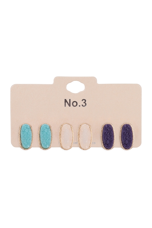 A1-2-5-VE2720MT5 - 3 PAIR OVAL STONE STUD EARRINGS-MULTICOLOR 5/6PCS