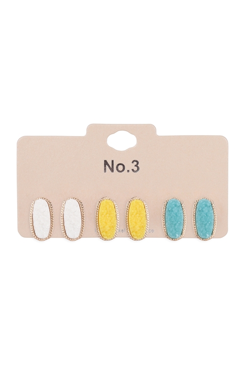 S1-5-3-VE2720MT8 - 3 PAIR OVAL STONE STUD EARRINGS-MULTICOLOR 8/6PCS