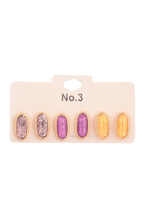 S5-5-5-VE2740MT10 - OVAL GLITTER EPOXY 3 PAIR STUD EARRINGS - MULTICOLOR 10/1PC