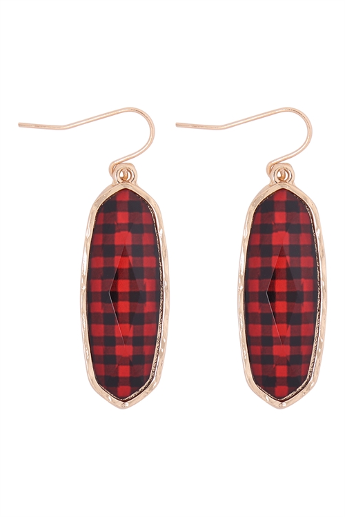 A1-3-4-VE2783GDRD1 -  - OVAL  STONE FISH HOOK DROP EARRINGS - CHECKERED BLACK RED/1PC