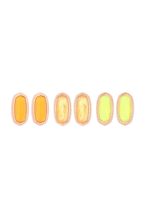 A2-1-2-VE2871MT5 - 3 PAIR SET STONE  EARRINGS - MULTICOLOR YELLOW/6PCS