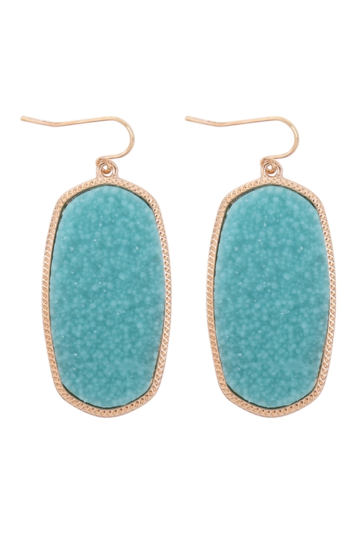 S1-5-3-VE2994GDAQ - OVAL DRUZY DROP DANGLE FISH HOOK EARRINGS - AQUA/6PCS