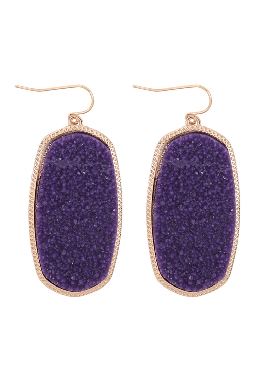 A3-3-3-VE2994GDPU - OVAL DRUZY DROP DANGLE FISH HOOK EARRINGS - PURPLE/6PCS