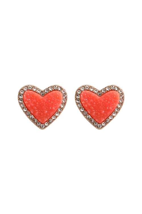 S6-4-2-VE3311CO - VALENTINE HEART DRUZY WITH RHINESTONE POST EARRINGS-CORAL/1PC