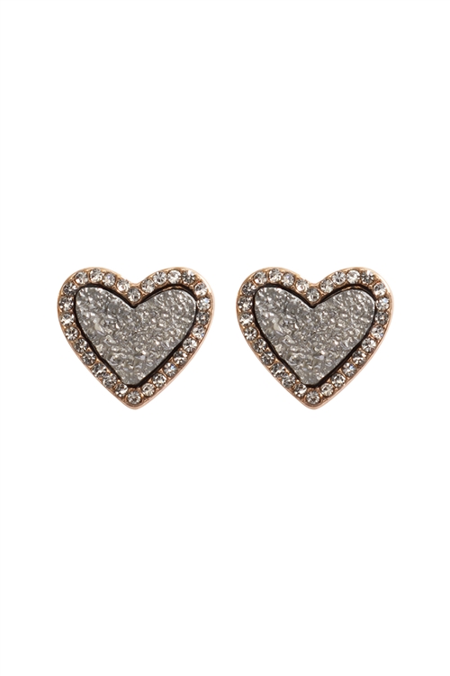 S6-4-2-VE3311HE - VALENTINE HEART DRUZY WITH RHINESTONE POST EARRINGS-HEMATITE/1PC