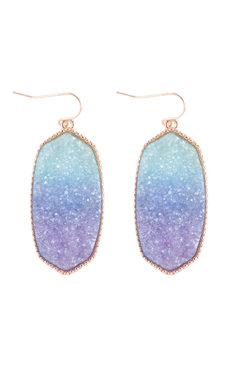 S1-7-4-VE3475GDBL - DRUZY GRADIANT PASTEL OVAL DROP HOOK EARRINGS - GOLD BLUE/6PCS