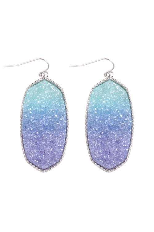 S1-5-5-VE3475RHBL - DRUZY GRADIANT PASTEL OVAL DROP HOOK EARRINGS - SILVER BLUE/6PCS