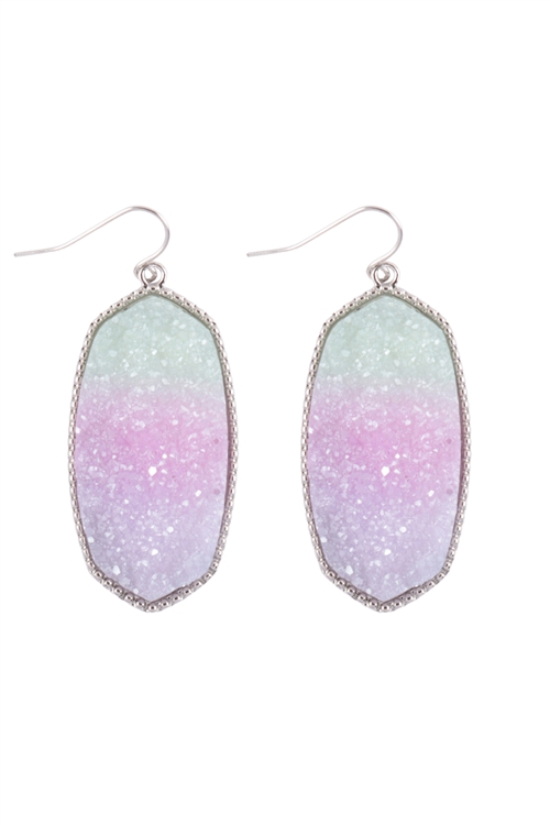 S1-5-5-VE3475RHLPK - DRUZY GRADIANT PASTEL OVAL DROP HOOK EARRINGS - SILVER LIGHT PINK/6PCS