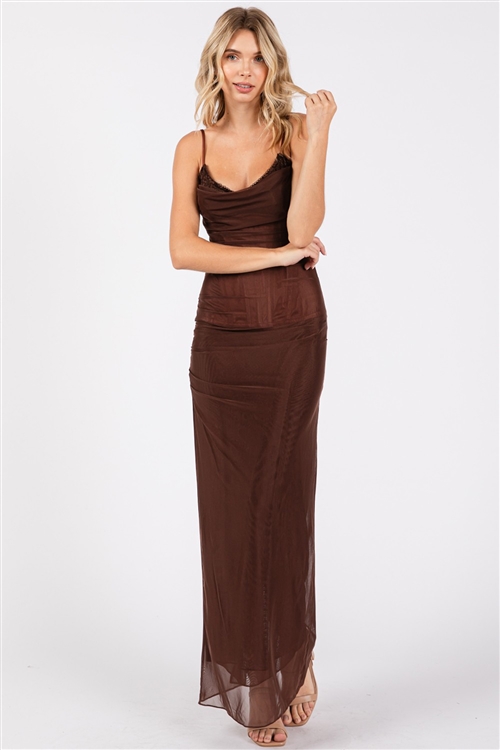 S46-1-1-VS-VID51187-BR - INNER LACE BRA W/ STRAP POWER MESH MAXI DRESS - BROWN - 3-2-1