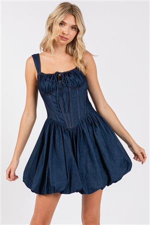 S46-1-1-VS-VID51332-IDG - STITCH POINT CORSET STRETCH BALLOON MINI DRESS - INDIGO - 3-2-1