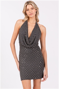 S46-1-1-VS-VID51399-CHAR - BEAD SCALES DEEP COWL HALTER MINI DRESS - CHARCOAL - 3-2-1