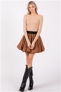 S46-1-1-VS-VID51520-TPMC - LONG SLEEVE WAIST ELASTIC BAND BALLOON DRESS - TAUPE/MOCHA - 3-2-1