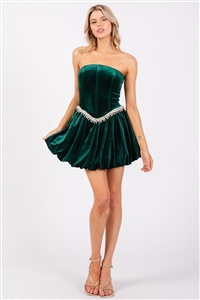 S46-1-1-VS-VID51536-TLGN - VELVET BALLOON MINI DRESS W/ RHINESTONE WAIST LINE - TEAL GREEN - 3-2-1