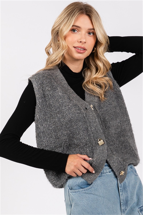 S46-1-1-VS-VIJ50693-CHAR - SLEEVELESS FUZZY SWEATER VEST TOP - CHARCOAL - 3-2-1