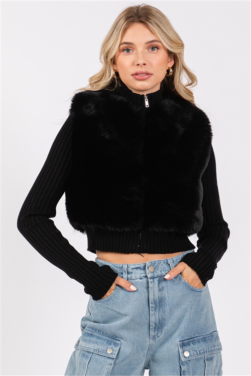 S46-1-1-VS-VIJ50757-BK - POLY FUR SWEATER ZIP UP - BLACK - 3-2-1