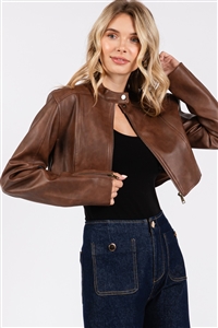 S46-1-1-VS-VIJ51235-BR - FAUXED LEATHERED CROPPED BIKER JACKET - BROWN - 3-2-1