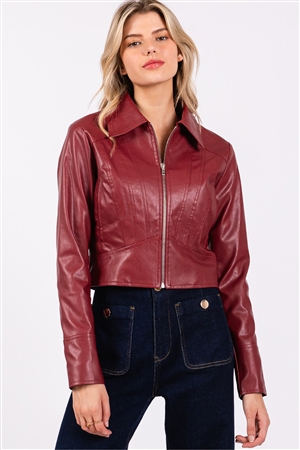 S46-1-1-VS-VIJ51345-WN - PU LEATHER CROPPED JACKET - WINE - 3-2-1