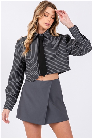 S46-1-1-VS-VIT51134-DKGY - NECK-TIE LONG SLEEVE STRIPE TOP - DARK GREY - 3-2-1