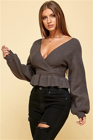 S46-1-1-VS-VIT8534-CHAR - LONG SLEEVE LOW V NECK RUFFLED HEM TOP - CHARCOAL - 3-2-1