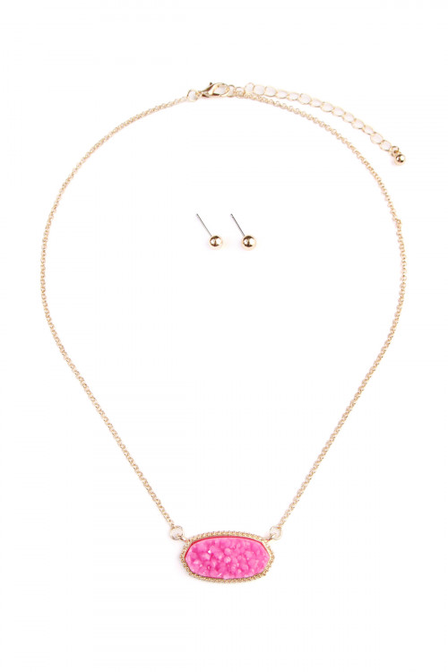 S6-6-3-VNE0531GDPK GOLD PINK DRUZY STONE PENDANT NECKLACE AND STUD EARRING SET/6SETS