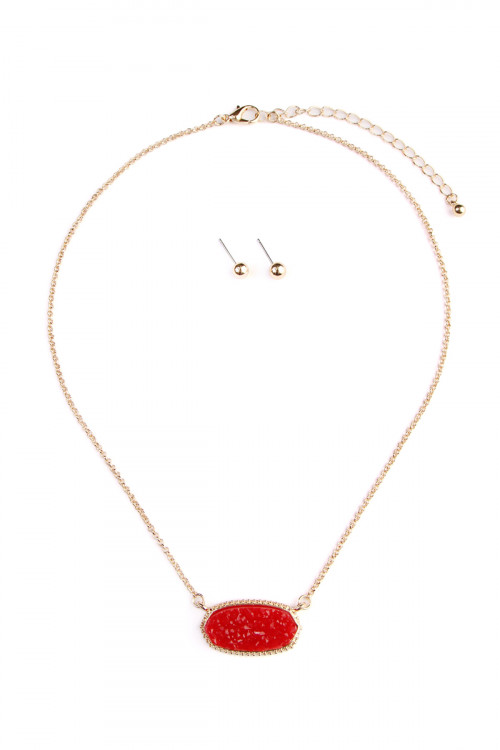 S7-6-2-VNE0531GDRD GOLD RED DRUZY STONE PENDANT NECKLACE AND STUD EARRING SET/6SETS