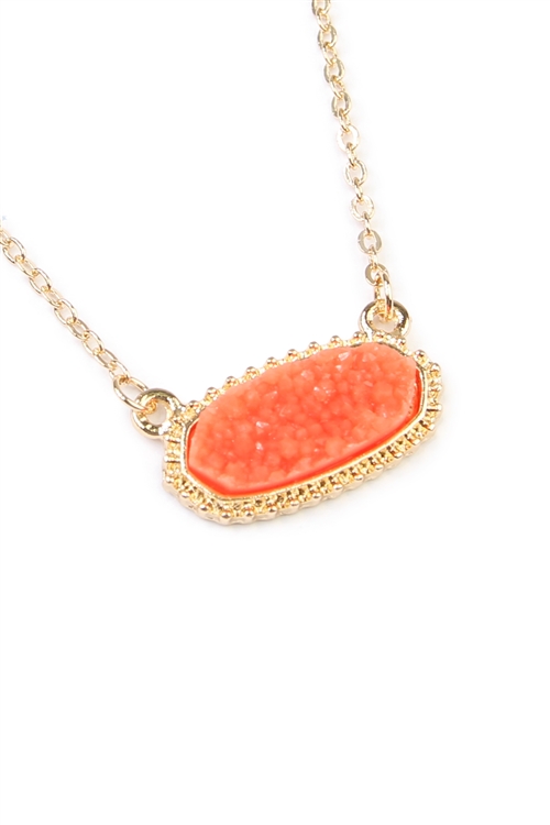 S19-5-3-VNE0616GDCO - CORAL DRUZY OVAL STONE PENDANT NECKLACE AND EARRING SET/1PC