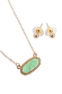 S1-5-4-VNE0616GDDMN - DARK MINT DRUZY OVAL STONE PENDANT NECKLACE AND EARRING SET/1PC