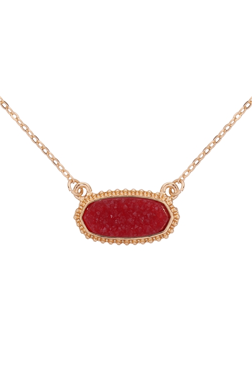 S19-5-2-VNE0616GDRD - RED DRUZY OVAL STONE PENDANT NECKLACE AND EARRING SET/1PC