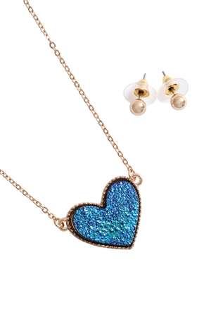 S5-4-1-VNE1092GDMBL - VALENTINE HEART DRUZY PENDANT NECKLACE AND EARRING SET-MONTANA BLUE/1PC