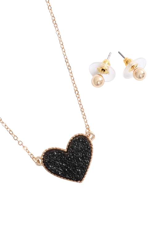 S1-6-3-VNE1094GDBK - VALENTINE HEART DRUZY PENDANT NECKLACE AND EARRING SET-BLACK/1PC