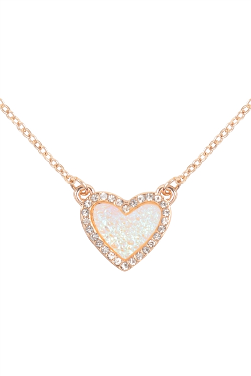 A2-2-2-VNE1209GDAB - VALENTINE HEART DRUZY WITH RHINESTONE PENDANT NECKLACE AND EARRING SET-AB/1PC